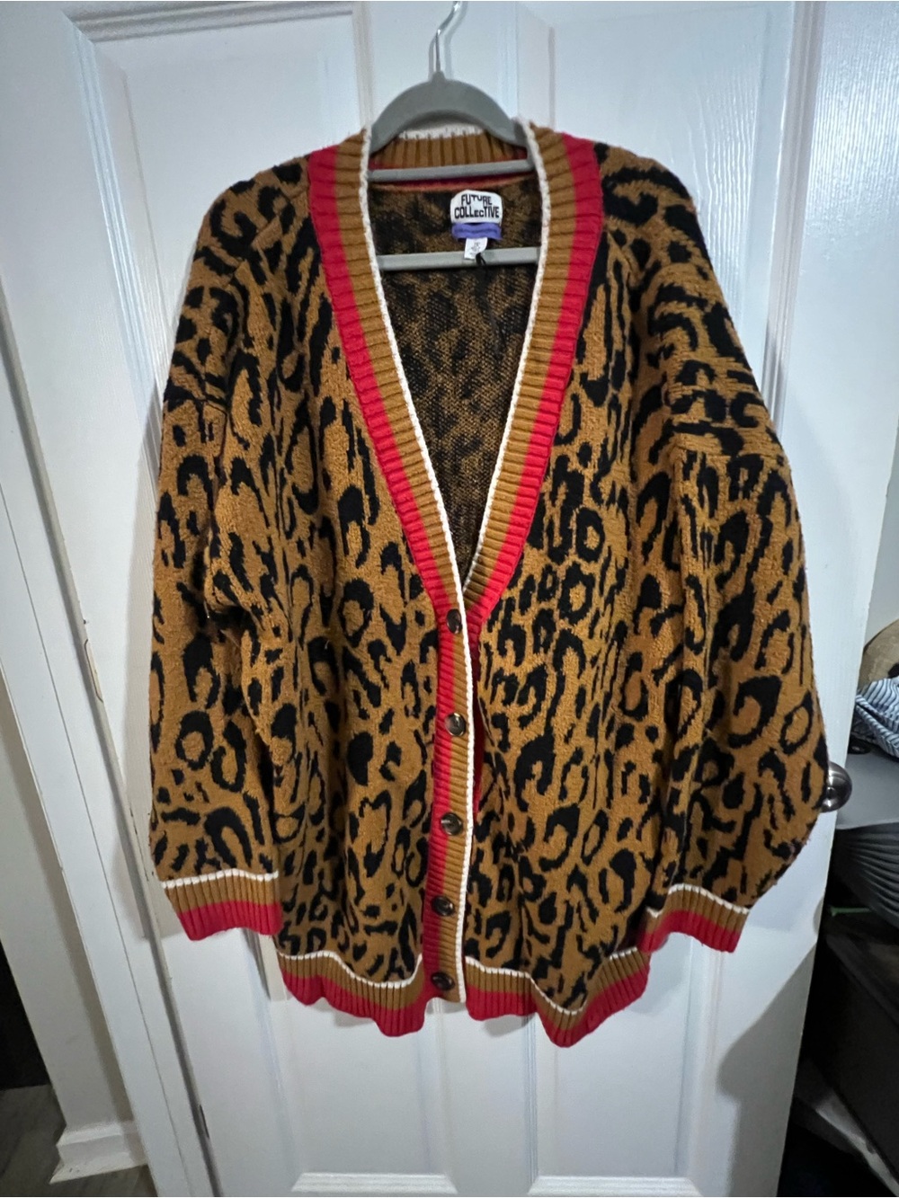 Leopard-Print Cardigan with Red Trim